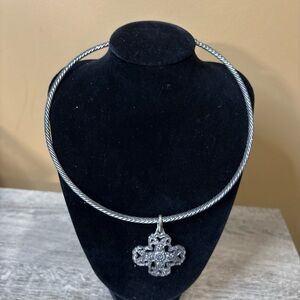 Premier Designs Antiqued Silver Tone Rope Torque"Kindred Cross" Pendant Necklace